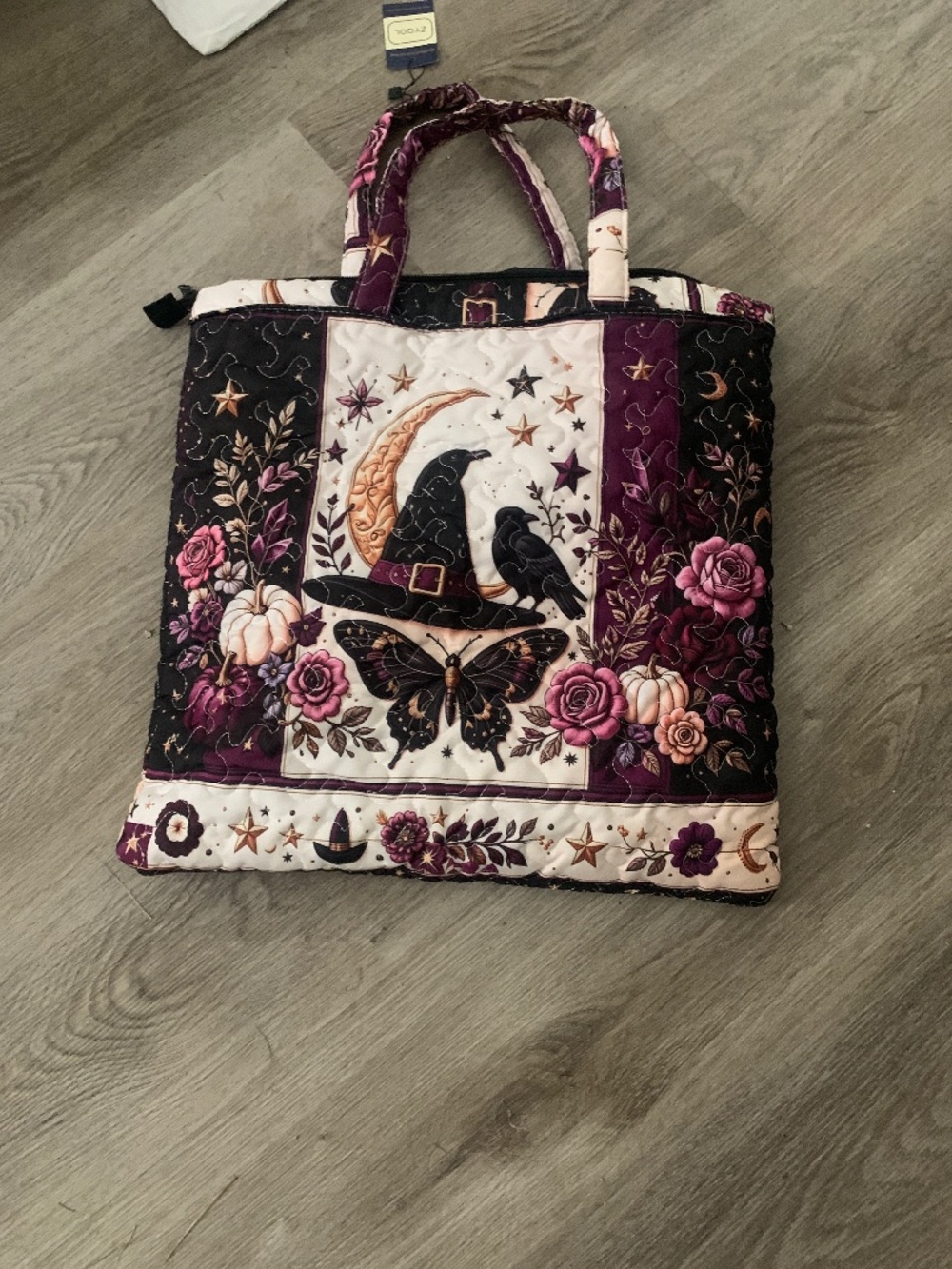 Halloween Raven and Witch Hat Quilted Tote with plastic lining
